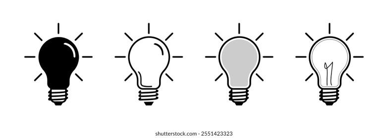 Icono de bombilla, conjunto de Ilustraciones vectoriales de bombilla, Idea symbol, lámpara eléctrica, luz, innovación, solución, pensamiento creativo, símbolo eléctrico, Icono de bombilla Ideal para ideas, conjunto de iconos de lámpara. 