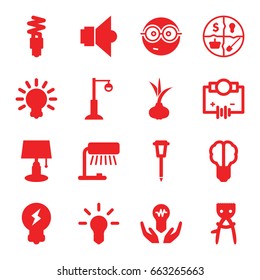 Bulb icons set. set of 16 bulb filled icons such as onion, hair removal, nerd emoji, street lamp, fluorescent lamp, marketing