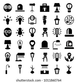 Bulb icons. set of 36 editable filled bulb icons such as onion, siren, hair removal, table lamp, nerd emoji, street lamp, marketing, studio lapm, fluorescent lamp