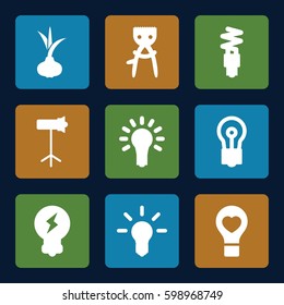 bulb icons set. Set of 9 bulb filled icons such as onion, hair removal, studio lapm