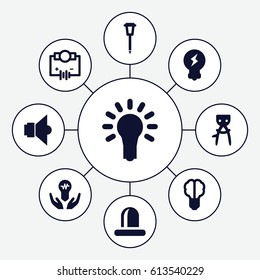 Bulb icons set. set of 9 bulb filled icons such as hair removal, street lamp, siren, lamp