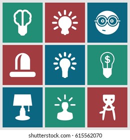 Bulb icons set. set of 9 bulb filled icons such as hair removal, nerd emoji, siren
