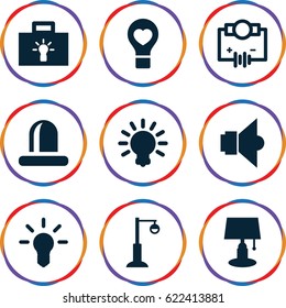 Bulb icons set. set of 9 bulb filled icons such as street lamp, siren, lamp, Electricity