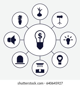 Bulb icons set. set of 9 bulb filled icons such as onion, siren, hair removal, studio lapm, fluorescent lamp