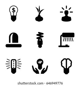 Bulb icons set. set of 9 bulb filled icons such as onion, siren, fluorescent lamp