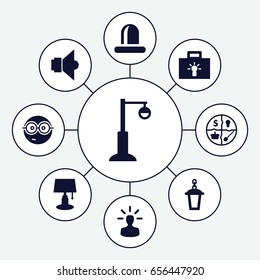 Bulb icons set. set of 9 bulb filled icons such as nerd emoji, street lamp, siren, lamp, marketing