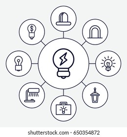 Bulb icons set. set of 9 bulb outline icons such as siren, street lamp