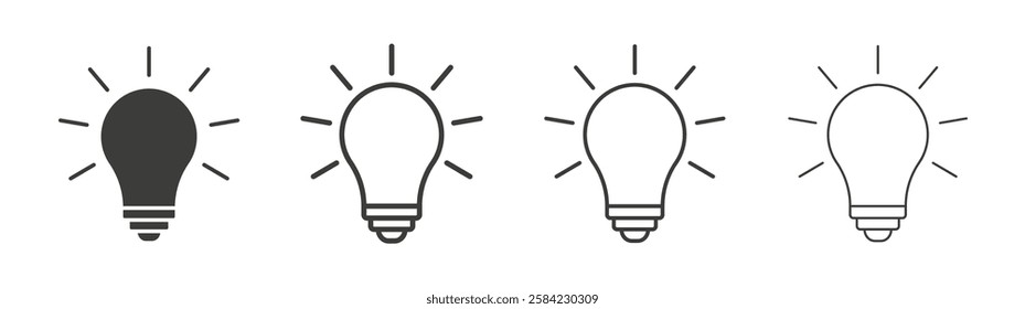 Bulb icons set. Liner outlined and flat black color