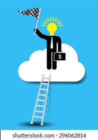 Bulb Idea Businessman climbing ladder to Success. Vector illustration. Businessman climbing to goal. Motivation concept to be successful. win winner goal.finish