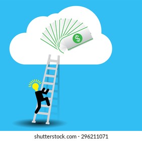 Bulb Idea Businessman climbing ladder to Success. Vector illustration. Businessman climbing to goal. Motivation concept to be successful. win winner goal.finish. money
