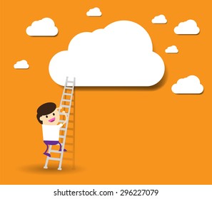 Bulb Idea Businessman climbing ladder to Success. Vector illustration. Businessman climbing to goal. Motivation concept to be successful. winner. finish. win. flat design.