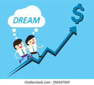 Bulb Idea Businessman climbing ladder to Success. Vector illustration. Businessman climbing to goal. Motivation concept to be successful. winner. finish. win. flat design. graph. arrow. money
