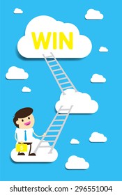 Bulb Idea Businessman climbing ladder to Success. Vector illustration. Businessman climbing to goal. Motivation concept to be successful. winner. finish. win. flat design.