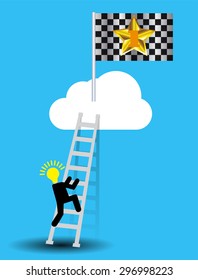Bulb Idea Businessman climbing ladder to Success. Vector illustration. Businessman climbing to goal. Motivation concept to be successful. win winner goal.finish