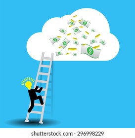 Bulb Idea Businessman climbing ladder to Success. Vector illustration. Businessman climbing to goal. Motivation concept to be successful. win winner goal.finish. money