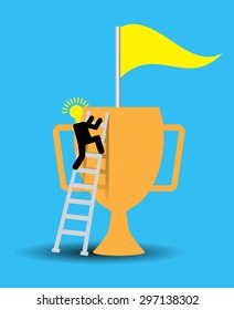 Bulb Idea Businessman climbing ladder to Success. Vector illustration. Businessman climbing to goal. Motivation concept to be successful. win winner goal.finish. Trophies cup.