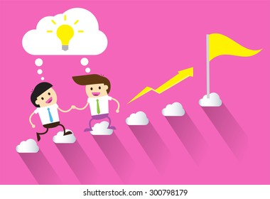 Bulb Idea Businessman climbing ladder to Success. Vector illustration. Businessman climbing to goal. Motivation concept to be successful. winner. finish. win. flat design. arrow. money graph