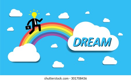 Bulb Idea Businessman climbing ladder to Success. Vector illustration. Businessman climbing to goal.Motivation concept to be successful.winner.finish.win. flat design. text box. bubble. rainbow stairs