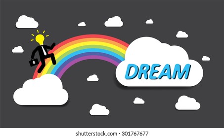 Bulb Idea Businessman climbing ladder to Success. Vector illustration. Businessman climbing to goal.Motivation concept to be successful.winner.finish.win. flat design. text box. bubble. rainbow stairs