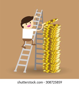 Bulb Idea Businessman climbing ladder to Success. Vector illustration. Businessman climbing to goal. Motivation concept to be successful. winner. finish. win. flat design.