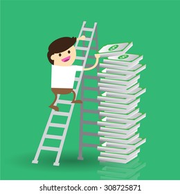 Bulb Idea Businessman climbing ladder to Success. Vector illustration. Businessman climbing to goal. Motivation concept to be successful. winner. finish. win. flat design.