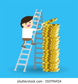 Bulb Idea Businessman climbing ladder to Success. Vector illustration. Businessman climbing to goal. Motivation concept to be successful. winner. finish. win. flat design.