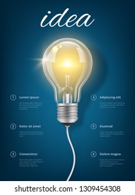 Bulb idea. Creative business concept with picture of light glass transparent bulb vector thinking educational placard