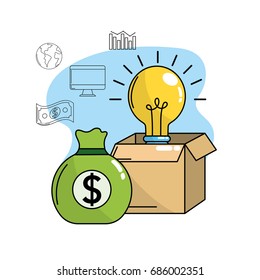 bulb idea inside box and bag cash money