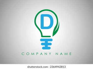 Bulb Idea Letter D Logo Template Vector. Logo design concept. Green lightbulb with leaf inside