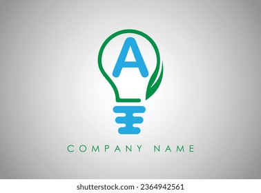 Bulb Idea Letter A Logo Template Vector. Logo design concept. Green lightbulb with leaf inside