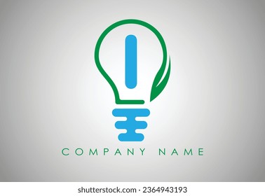 Bulb Idea Letter I Logo Template Vector. Logo design concept. Green lightbulb with leaf inside