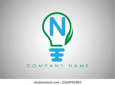 Bulb Idea Letter N Logo Template Vector. Logo design concept. Green lightbulb with leaf inside