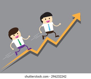 Bulb Idea two Businessman climbing ladder to Success. Vector illustration. Businessman climbing to goal. Motivation concept to be successful. winner. finish. win. flat design. arrow