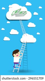 Bulb Idea two Businessman climbing ladder to Success. Vector illustration. Businessman climbing to goal. Motivation concept to be successful. winner. finish. win. flat design. money
