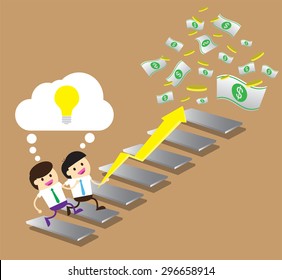 Bulb Idea two Businessman climbing ladder to Success. Vector illustration. Businessman climbing to goal. Motivation concept to be successful. winner.finish.win.flat design. arrow. money