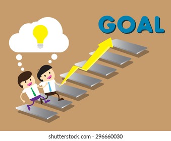 Bulb Idea two Businessman climbing ladder to Success. Vector illustration. Businessman climbing to goal. Motivation concept to be successful. winner.finish.win.flat design. arrow.