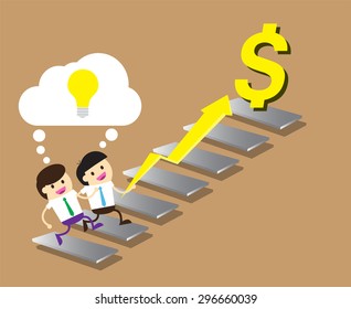 Bulb Idea two Businessman climbing ladder to Success. Vector illustration. Businessman climbing to goal. Motivation concept to be successful. winner.finish.win.flat design. arrow. money