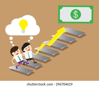 Bulb Idea two Businessman climbing ladder to Success. Vector illustration. Businessman climbing to goal. Motivation concept to be successful. winner.finish.win.flat design. arrow. money