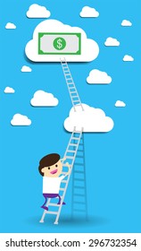 Bulb Idea two Businessman climbing ladder to Success. Vector illustration. Businessman climbing to goal. Motivation concept to be successful. winner. finish. win. flat design. money