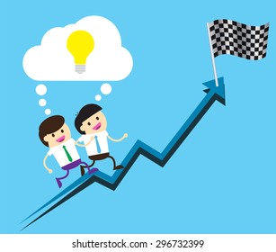 Bulb Idea two Businessman climbing ladder to Success. Vector illustration. Businessman climbing to goal. Motivation concept to be successful. winner. finish. win. flat design. graph flag