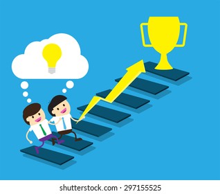 Bulb Idea two Businessman climbing ladder to Success. Vector illustration. Businessman climbing to goal. Motivation concept to be successful. winner.finish.win.flat design. arrow. money.cup.