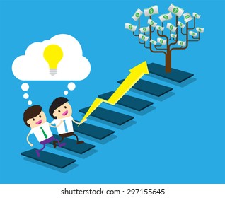 Bulb Idea two Businessman climbing ladder to Success. Vector illustration. Businessman climbing to goal. Motivation concept to be successful. winner.finish.win.flat design. arrow. money tree
