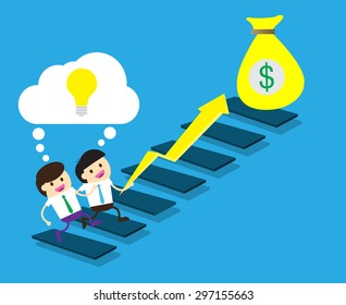 Bulb Idea two Businessman climbing ladder to Success. Vector illustration. Businessman climbing to goal. Motivation concept to be successful. winner.finish.win.flat design. arrow. money