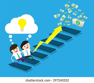 Bulb Idea two Businessman climbing ladder to Success. Vector illustration. Businessman climbing to goal. Motivation concept to be successful. winner.finish.win.flat design. arrow. money