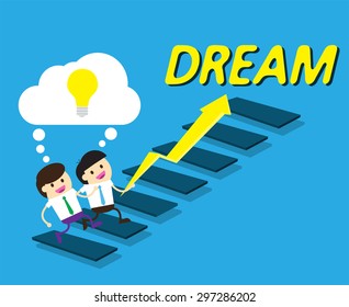 Bulb Idea two Businessman climbing ladder to Success. Vector illustration. Businessman climbing to goal. Motivation concept to be successful. winner.finish.win.flat design. arrow. money