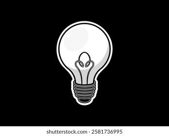 Bulb illustration design, symbol of an idea, electric light bulb, symbol of creative thinking, innovation, bulb icon vector in black and white sticker style isolated on black background