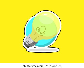 Bulb illustration design, symbol of an idea, electric bulb of lighting, symbol of creative thinking, innovation, vector icon of bulb with sticker style and black outline isolated on yellow background