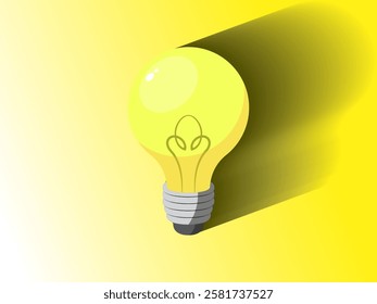 Bulb illustration design, symbol of an idea, electric bulb of lighting, symbol of creative thinking, innovation, vector icon of bulb with long shadow isolated on yellow background and white light