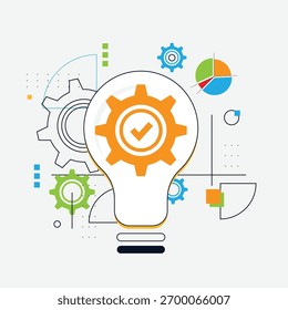 Bulb, innovation, creativity concept. Abstract Electric lamp and gears in thin line and creative background
