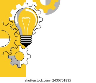 Bulb, innovation, creativity concept. Electric lamp and gears in thin line and yellow background. With empty copy space at the right side
